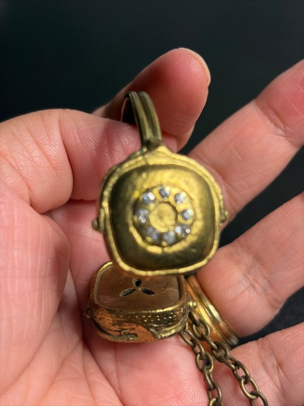 Vintage Brass Tone Headphones Pendant Necklace Rhinestone Novelty Statement